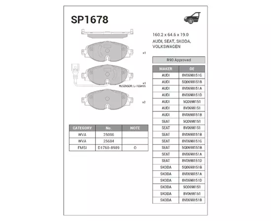 Колодки тормозные дисковые передние Sangsin SP1678 AUDI A3/SEAT LEON III/SKODA OCTAVIA III/VW GOLF VII перед.к-т